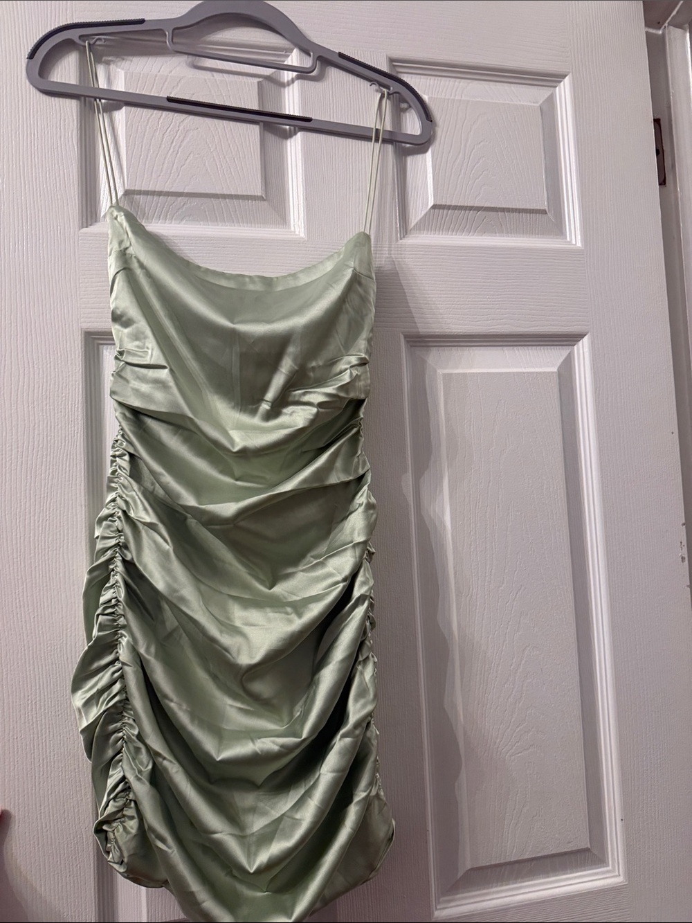 BABYBOO Sage Green Satin Ruched Slip Dress